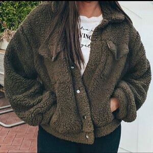 Le Lis Olive Sherpa Button Front Teddy Bear Jacket, Olive, S